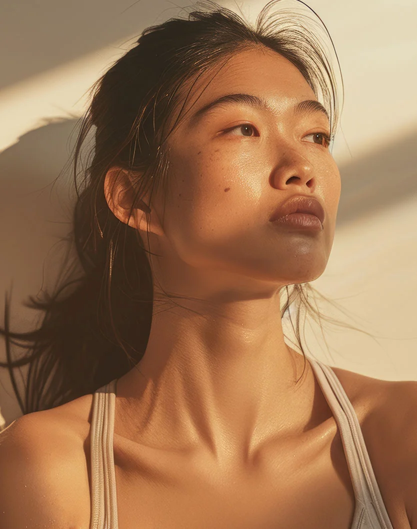 Close-up of a light tan woman with dark hair pulled back loosely, strands framing her face. Soft natural sunlight casts warm highlights and shadows on her smooth skin, revealing subtle freckles on her cheek. She wears a light beige or gray tank top and gazes slightly upward and to the right with a neutral expression. Her lips are a muted brownish-pink, creating a soft, natural, sunlit look. - Buccal Fat Removal in Fairfax, VA